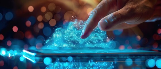 A close-up of a hand accessing cloud data on a tablet