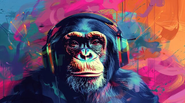 funky monkey portrait with headphones and abstract colorful background digital painting