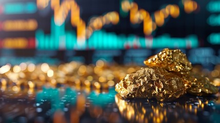 Obraz premium Shining Gold Ingot with Blurred Stock Ticker, Symbolizing Stability in Volatile Markets
