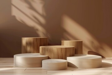 set of round podium or stand for product display on brown background