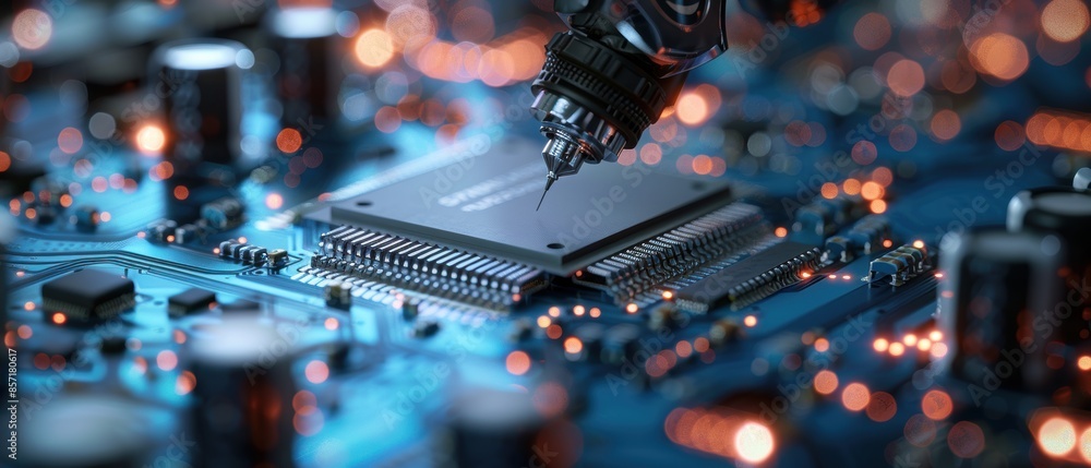 Wall mural a close-up of a microchip being inspected by a robotic arm