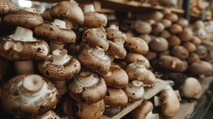 Fototapeta premium Detailed images of mushrooms ready to be harvested, rustic kitchen setting