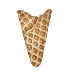 Crispy waffle cone. Isolated watercolor illustration of an edible ice cream wafer cup. Realistic hand drawn clipart for ice cream cafe, stand, menu, culinary design, summer fair, marketing material