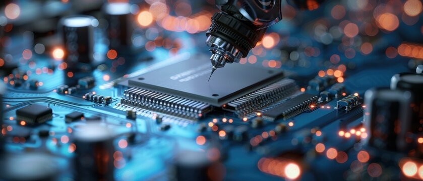 A close-up of a microchip being inspected by a robotic arm