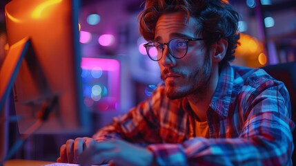 Fototapeta premium Young Man Using Computer in a Dimly Lit Room With Colorful Lights