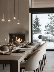 Modern dining room with fireplace, wooden table, and large windows overlooking snowy landscape.