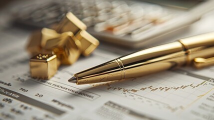 Fototapeta premium Golden Opportunities: Financial Planning and Investment Strategies with a Gold-Plated Pen on Stock Market Analysis Report