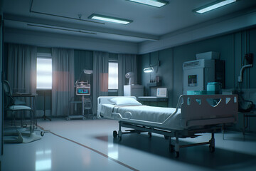 Hospital intensive care ward with empty beds. Modern clinic with advanced equipment. Best medical healthy treatment center