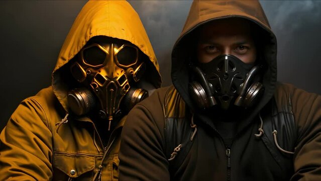 Fictional cyberpunk character in a leather hoodie and gas mask at night. Concept Cyberpunk, Fictional Character, Leather Hoodie, Gas Mask, Night Time