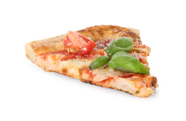 Piece of delicious Margherita pizza isolated on white