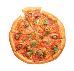 Delicious hot pizza Diablo isolated on white, top view