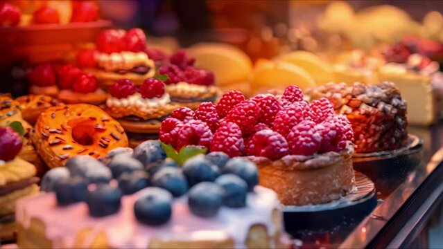 High-Quality Assorted Pastries and Desserts in a Bakery Display Case. Concept Bakery Display Case, Assorted Pastries, Desserts, High-Quality Treats, Sweet Delights
