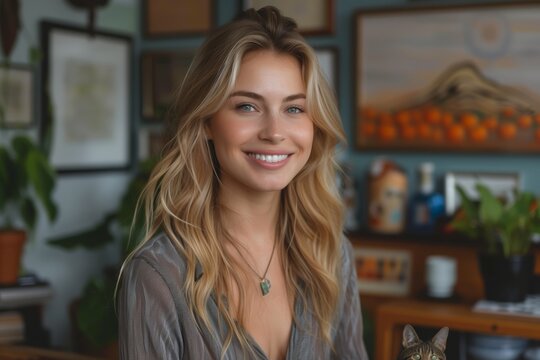 Young Woman With Long Blonde Hair Smiles at the Camera in Her Home