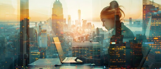 A girl working on a financial report using advanced software, double exposure with new York city in morning,