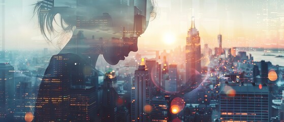 A girl working on a financial report using advanced software, double exposure with new York city in morning,