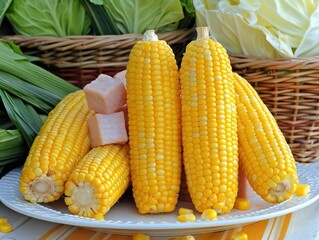 Freshly cooked corn on the cob displayed on a white plate