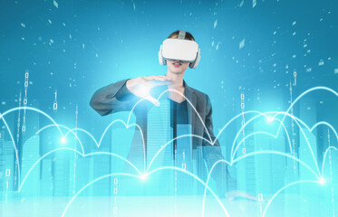 Caucasian architect wearing VR headsets and designing building construction. Professional civil engineer working and planning about house structure by using visual reality simulation. Contraption.