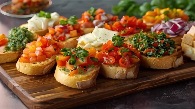 A Variety of Colorful and Delicious Bruschetta on a Wooden Board. Concept Food Photography, Colorful Appetizers, Fresh Ingredients, Wooden Presentation Board