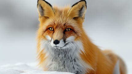 Fototapeta premium A red fox sits in the snow, looking directly at the camera
