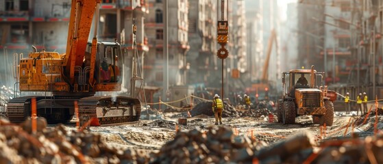 Obraz premium A construction site with workers and machinery, suitable for construction and industrial topics