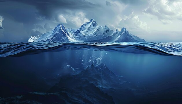 A hadal zone, the deepest part of the ocean, with its peak below the surface of the sea.