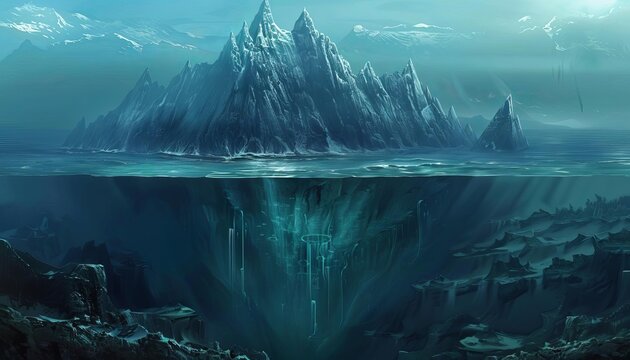 A hadal zone, the deepest part of the ocean, with its peak below the surface of the sea.