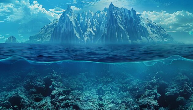 A hadal zone, the deepest part of the ocean, with its peak below the surface of the sea.