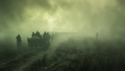 Fototapeta premium A haunted hayride through a foggy field, with scarecrows that seem to come to life as the wagon passes by.