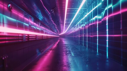 futuristic neon lights in dark tunnel with glitch distortion effect scifi cyberpunk city concept art