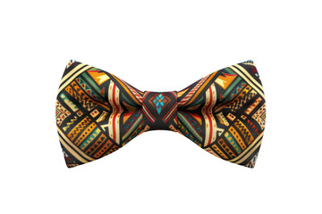 A colorful tie with a pattern of squares and triangles. The tie is black and white with a mix of colors