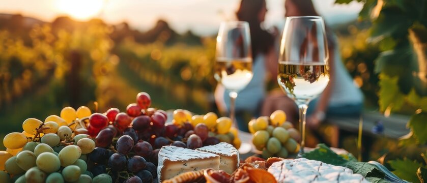 A couple having a picnic in a vineyard with wine and cheese