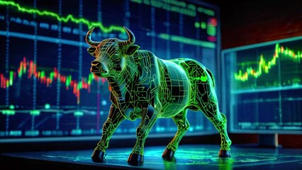 A green bull made of circuit board lines stands in front of a green and black stock market chart with many numbers and lines. - Powered by Adobe