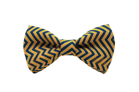A yellow and blue striped tie with a zigzag pattern. The tie is folded and tied in a bow