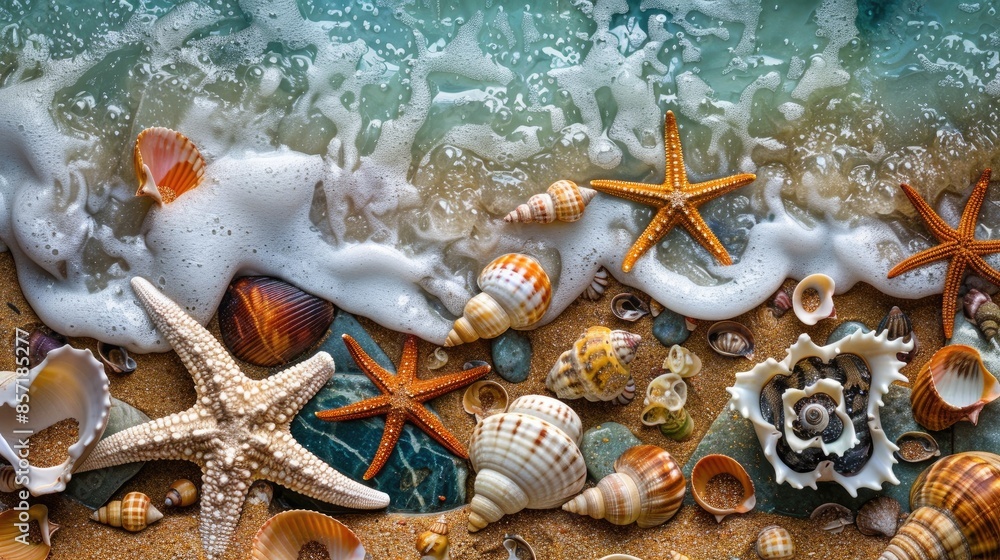 Poster Seashore scenery with lovely seashells and starfish