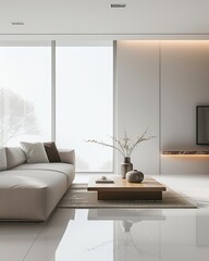Minimalist living room with a white sofa, coffee table, and vase of branches.