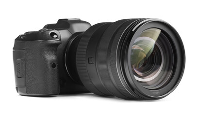 Fototapeta premium Modern camera isolated on white. Photographer's equipment