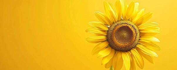 Single sunflower with a bright yellow background cheerful and vibrant open space around for text