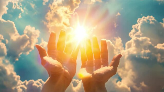 Religious concept Open human hands reaching towards divine presence in the clouds. Concept Religious symbolism, Divine connection, Spirituality, Human hands, Clouds, Worship, Faith