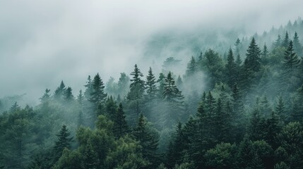 Fototapeta premium Cloudy Weather in Mountain Forest with Pines and Mist