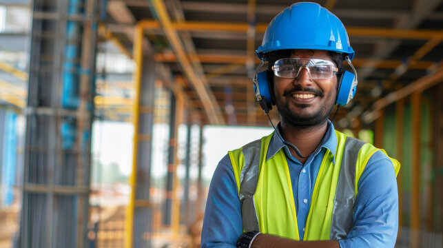construction indian worker stands confidently at a building site, wearing safety gear. His friendly smile and professional demeanor reflect dedication and expertise in the construction industry