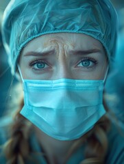 A close-up portrait of a healthcare worker wearing a surgical mask and cap