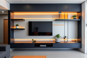 Modern minimalist TV unit with built-in shelves and LED lighting