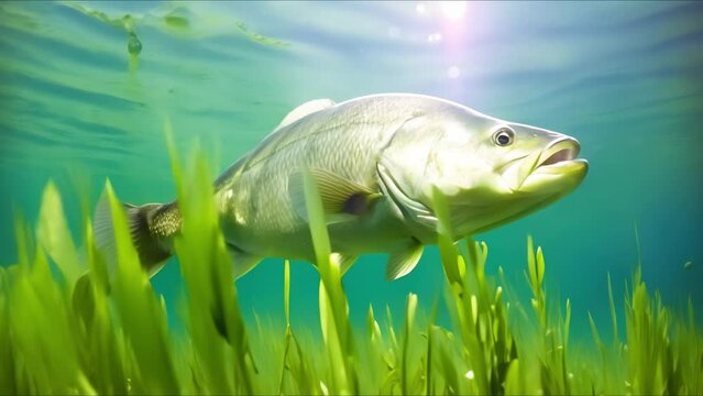 Underwater image of a Largemouth bass hunting for prey in its habitat. Concept Underwater Photography, Largemouth Bass, Predator-Prey Interaction, Aquatic Habitat, Natural Behavior