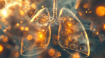 A 3D illustration of a realistic lung absorbing glowing gold molecules. When these gold particles are absorbed, the lung tissue recovers and regenerates itself.
