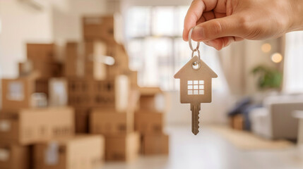 An image of a hand holding a key to a new home, set against a backdrop of unpacked boxes filled with personal belongings.