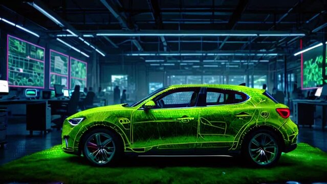 A green car is displayed in a room with glass windows. There are people working at computers in the background.