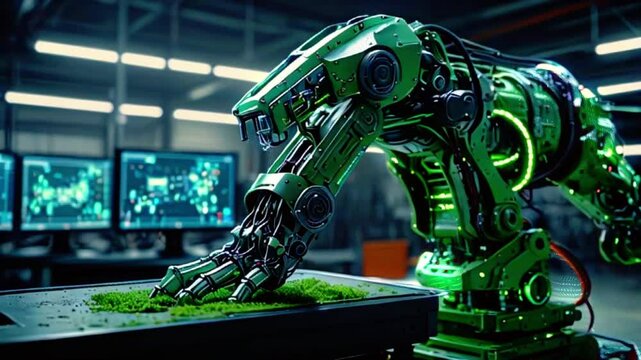 A green robotic panther is shown in a dimly lit room. The panther is standing on a table and has one paw on a small patch of grass.