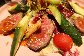 close up of slow cook beef steak with cucumber cherry tomato salad on a pink plate with dressing