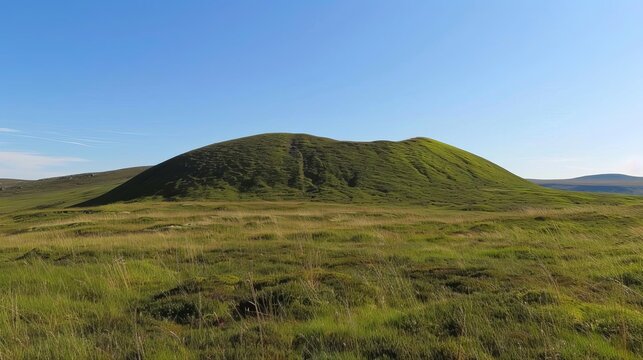 80 A drumlin, a long, whaleshaped hill formed by glacial activity, under a clear blue sky.