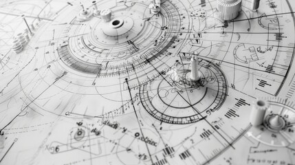 Drawings, formulas, mechanisms on a white background